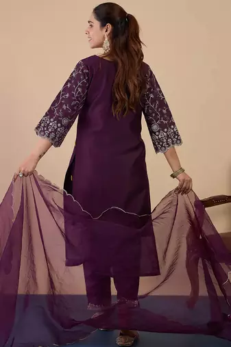 Floral embroidered muslin round neck kurta trouser & dupatta set
