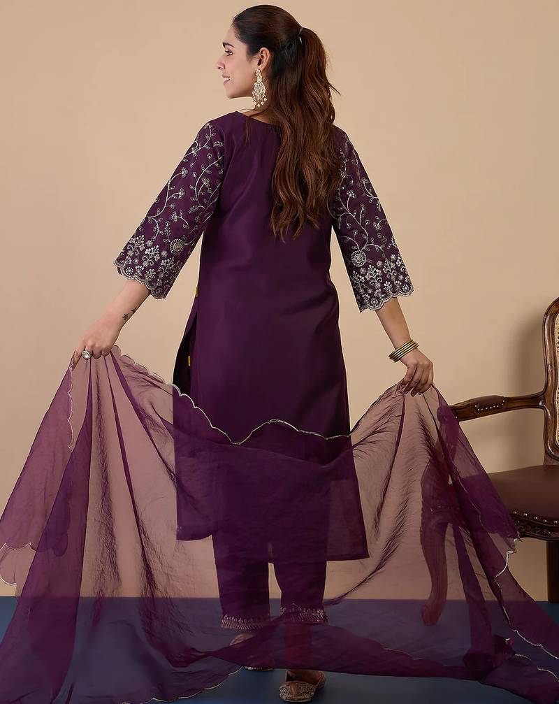 Floral embroidered muslin round neck kurta trouser & dupatta set