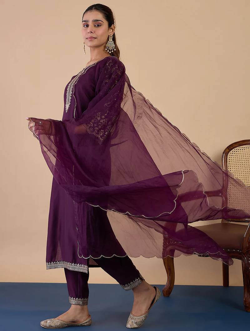 Floral embroidered muslin round neck kurta trouser & dupatta set