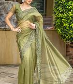 Mehendi gold-infused twill thread embroidery with zari, sequins cut work saree with blouse