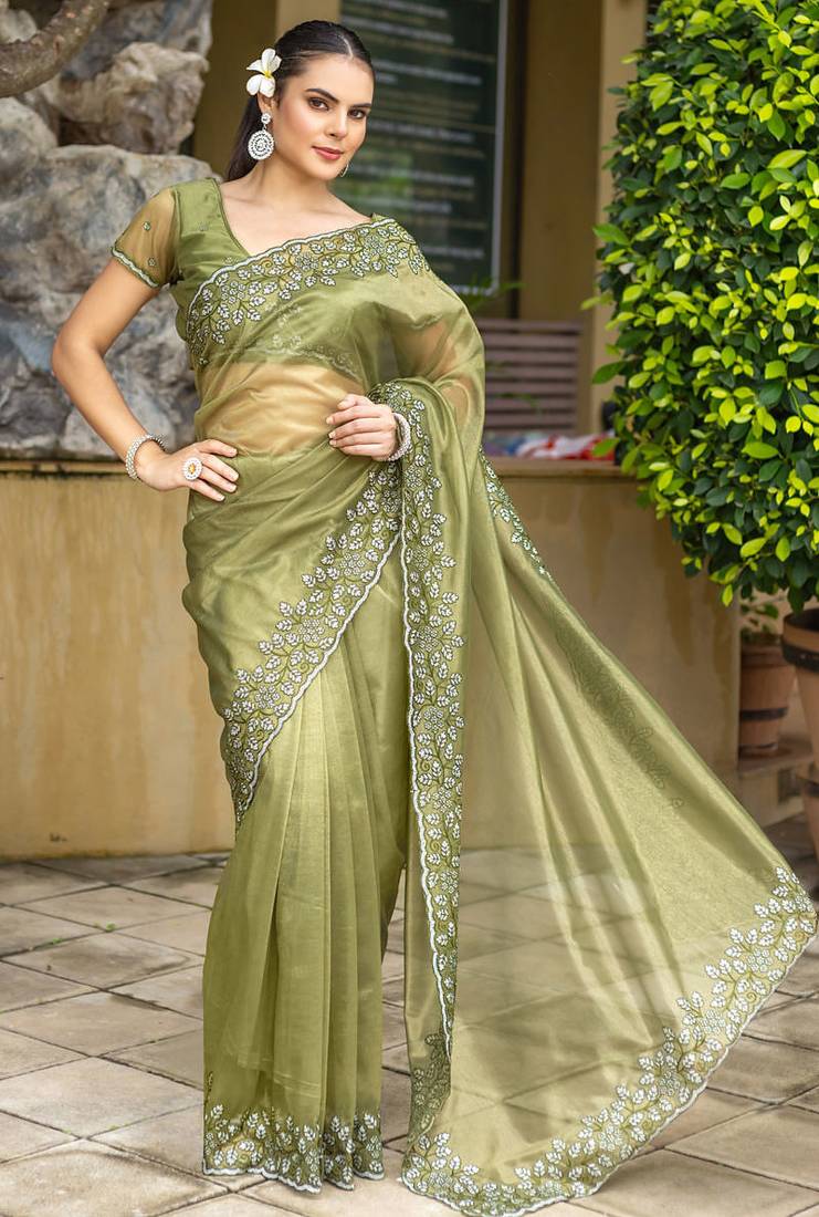 Mehendi gold-infused twill thread embroidery with zari, sequins cut work saree with blouse