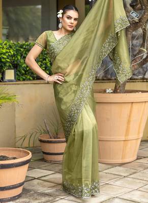mehendi gold twill thread embroidery with zari, sequins cut work saree with blouse 2