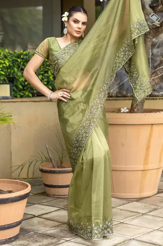 mehendi gold twill thread embroidery with zari, sequins cut work saree with blouse