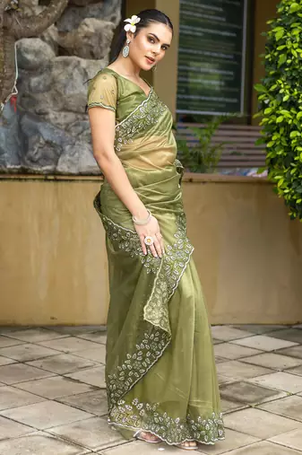 mehendi gold twill thread embroidery with zari, sequins cut work saree with blouse