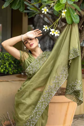 mehendi gold twill thread embroidery with zari, sequins cut work saree with blouse