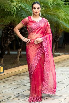 rani pink gold twill thread embroidery with zari, sequins cut work saree with blouse 1