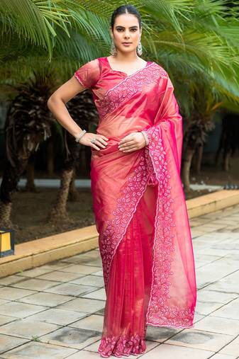 Rani pink gold-infused twill thread embroidery with zari, sequins cut work saree with blouse