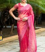 Rani pink gold-infused twill thread embroidery with zari, sequins cut work saree with blouse