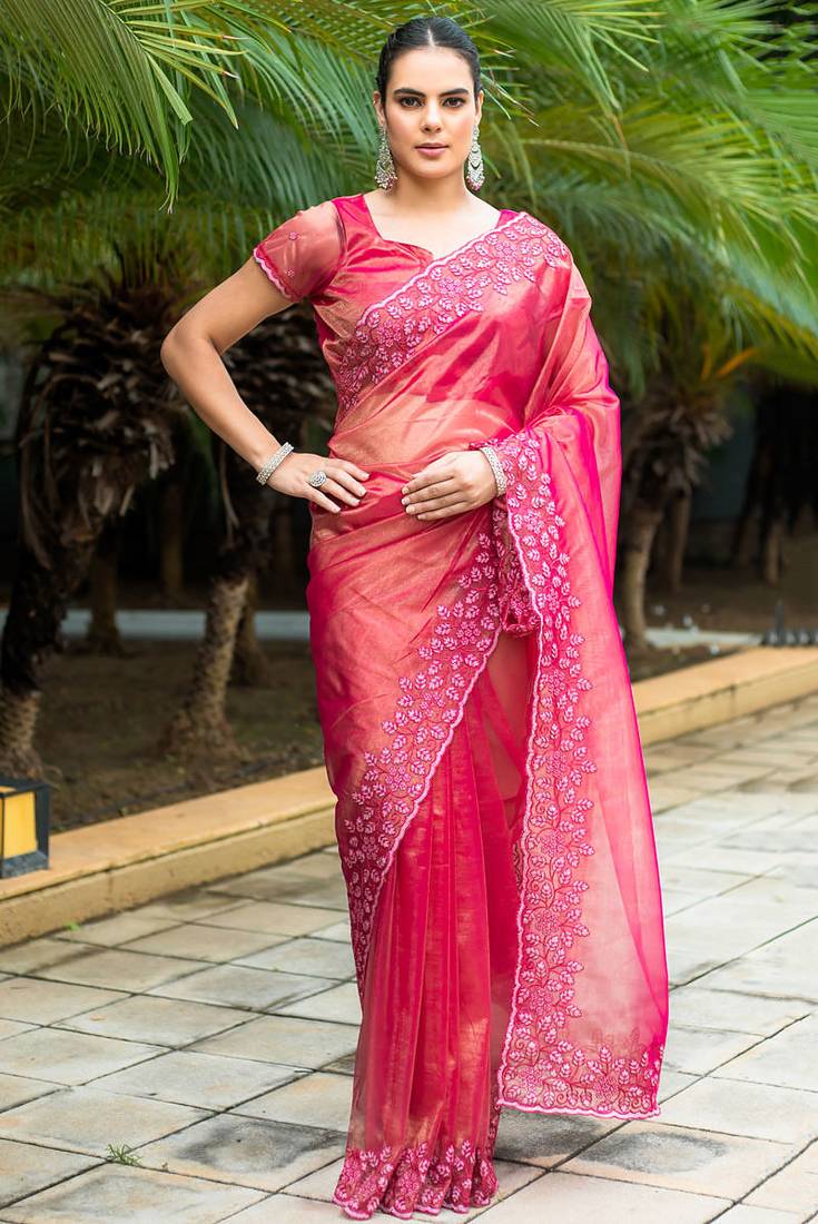 Rani pink gold-infused twill thread embroidery with zari, sequins cut work saree with blouse