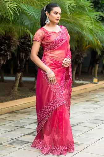 rani pink gold twill thread embroidery with zari, sequins cut work saree with blouse