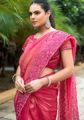 rani pink gold twill thread embroidery with zari, sequins cut work saree with blouse 4