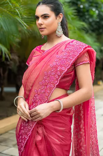rani pink gold twill thread embroidery with zari, sequins cut work saree with blouse