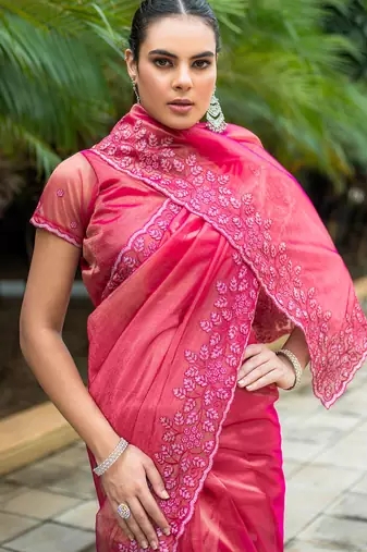 rani pink gold twill thread embroidery with zari, sequins cut work saree with blouse
