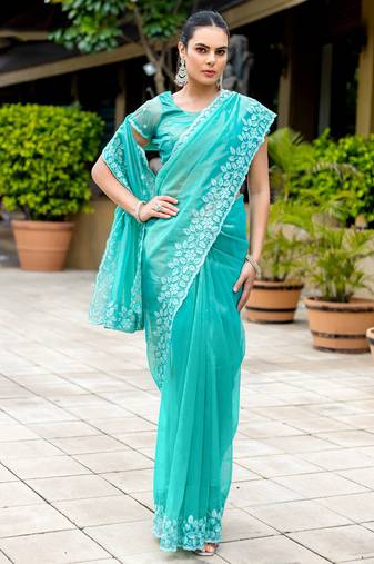 Turquoise gold-infused twill thread embroidery with zari, sequins cut work saree with blouse