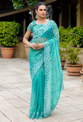 turquoise gold twill thread embroidery with zari, sequins cut work saree with blouse 2