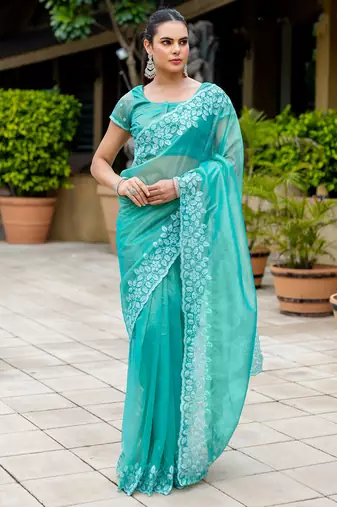turquoise gold twill thread embroidery with zari, sequins cut work saree with blouse