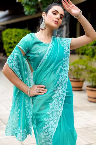 turquoise gold twill thread embroidery with zari, sequins cut work saree with blouse