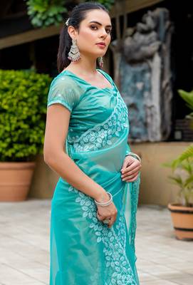 turquoise gold twill thread embroidery with zari, sequins cut work saree with blouse 4