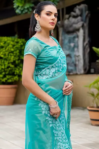 turquoise gold twill thread embroidery with zari, sequins cut work saree with blouse