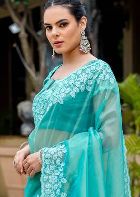 turquoise gold twill thread embroidery with zari, sequins cut work saree with blouse 5
