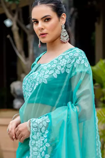 turquoise gold twill thread embroidery with zari, sequins cut work saree with blouse