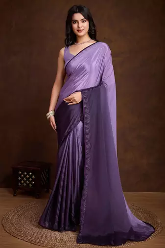 purple shaded chinon swarovski subtle piping border work saree with blouse