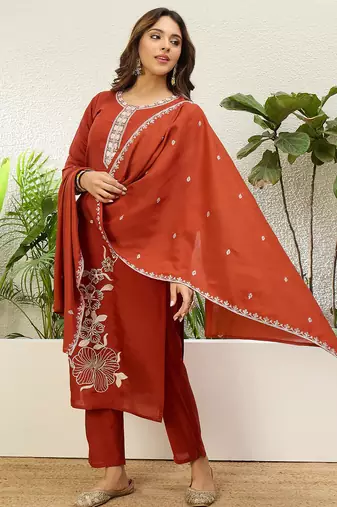 Floral embroidered silk v neck kurta trouser & dupatta set