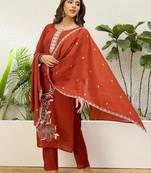 Floral embroidered silk v neck kurta trouser & dupatta set