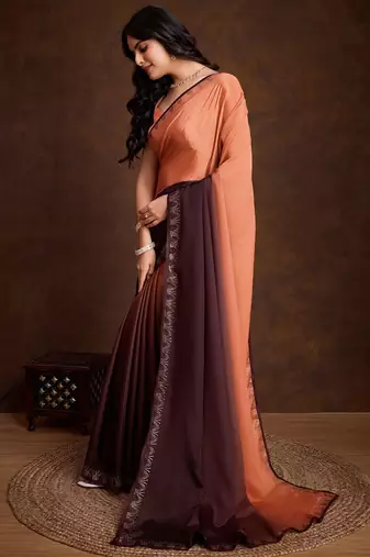 peach & brown shaded chinon swarovski subtle piping border work saree with blouse
