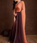 peach & brown shaded chinon swarovski subtle piping border work saree with blouse