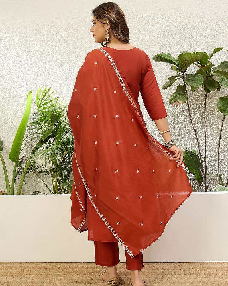 Floral embroidered silk v neck kurta trouser & dupatta set