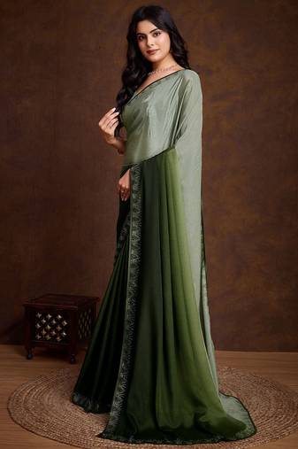 green shaded chinon swarovski subtle piping border work saree with blouse