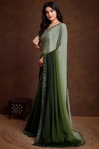 green shaded chinon swarovski subtle piping border work saree with blouse