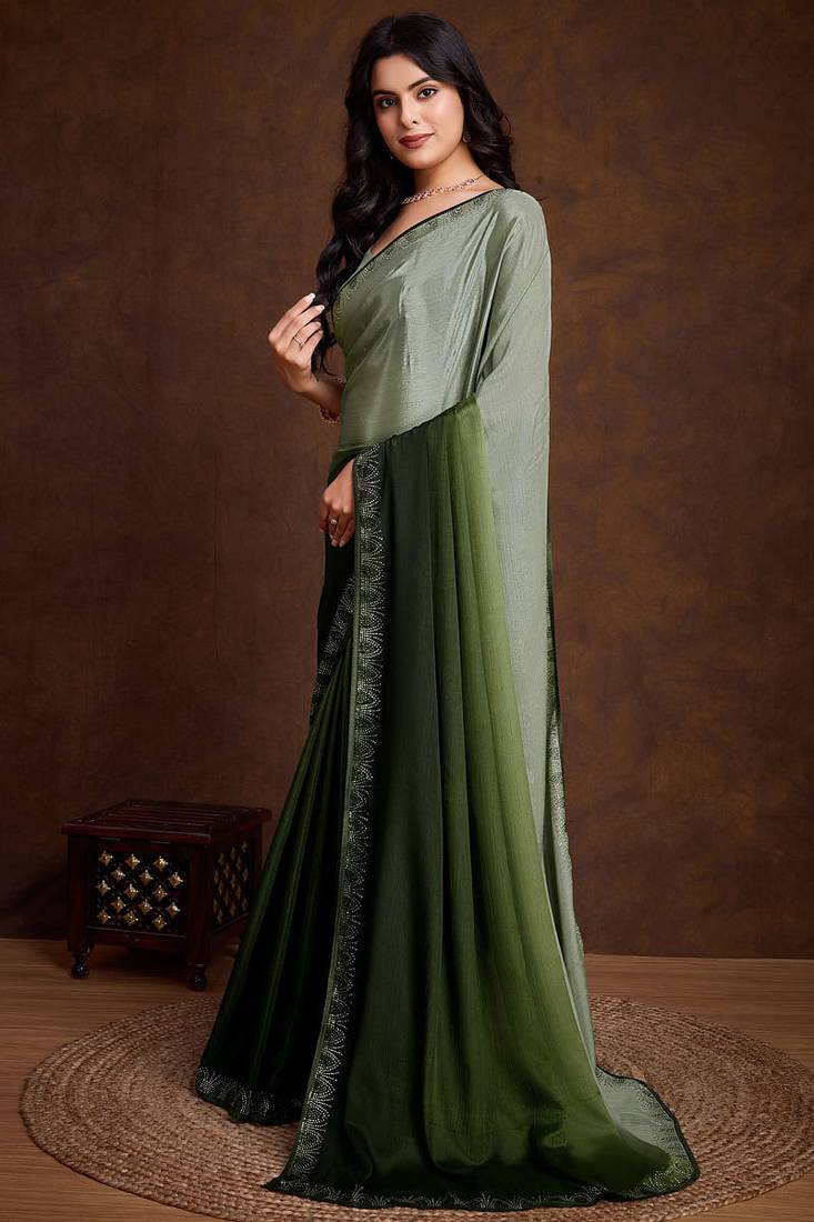 green shaded chinon swarovski subtle piping border work saree with blouse