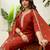 Floral embroidered silk v neck kurta trouser & dupatta set