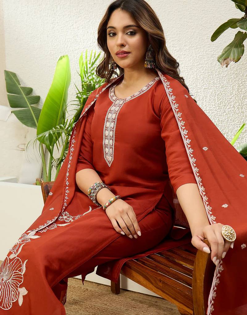 Floral embroidered silk v neck kurta trouser & dupatta set