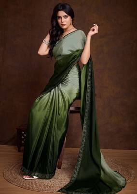 green shaded chinon swarovski subtle piping border work saree with blouse 2