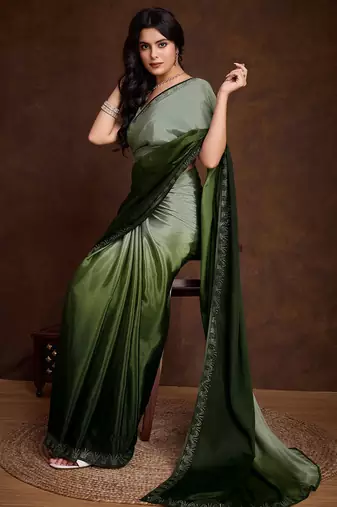 green shaded chinon swarovski subtle piping border work saree with blouse