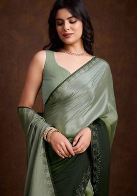 green shaded chinon swarovski subtle piping border work saree with blouse 3