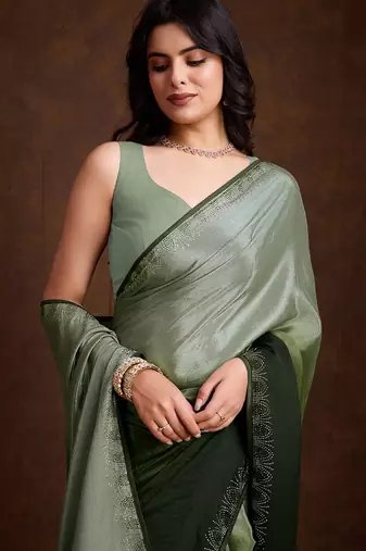 green shaded chinon swarovski subtle piping border work saree with blouse