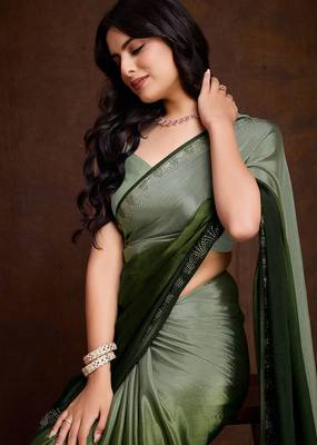 green shaded chinon swarovski subtle piping border work saree with blouse 4