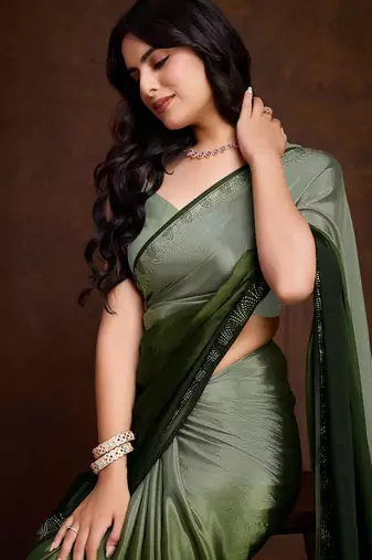 green shaded chinon swarovski subtle piping border work saree with blouse