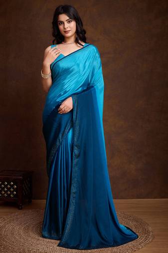 sky blue shaded chinon swarovski subtle piping border work saree with blouse
