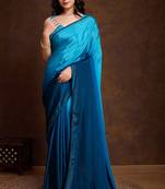 sky blue shaded chinon swarovski subtle piping border work saree with blouse