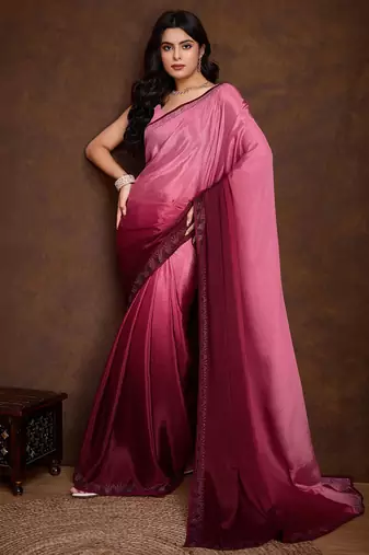 pink shaded chinon swarovski subtle piping border work saree with blouse
