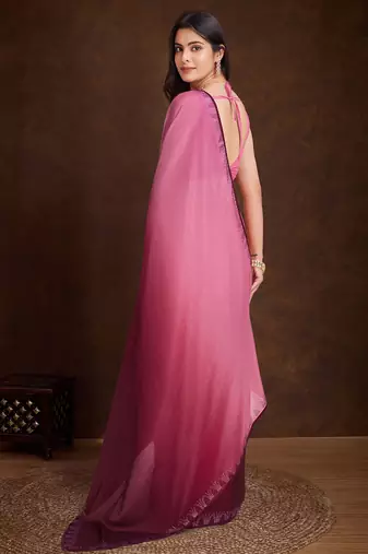 pink shaded chinon swarovski subtle piping border work saree with blouse