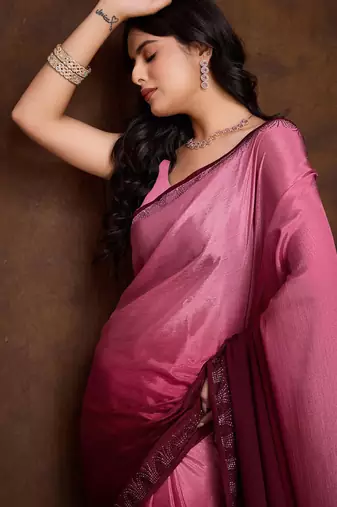pink shaded chinon swarovski subtle piping border work saree with blouse