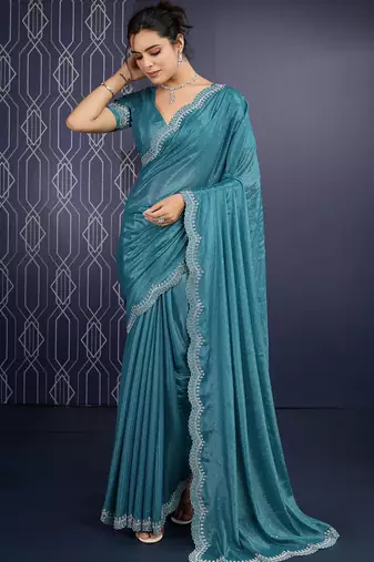 teal blue ice georgette zarkan diamond handwork with cut work saree with blouse