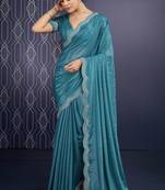 teal blue ice georgette zarkan diamond handwork with cut work saree with blouse