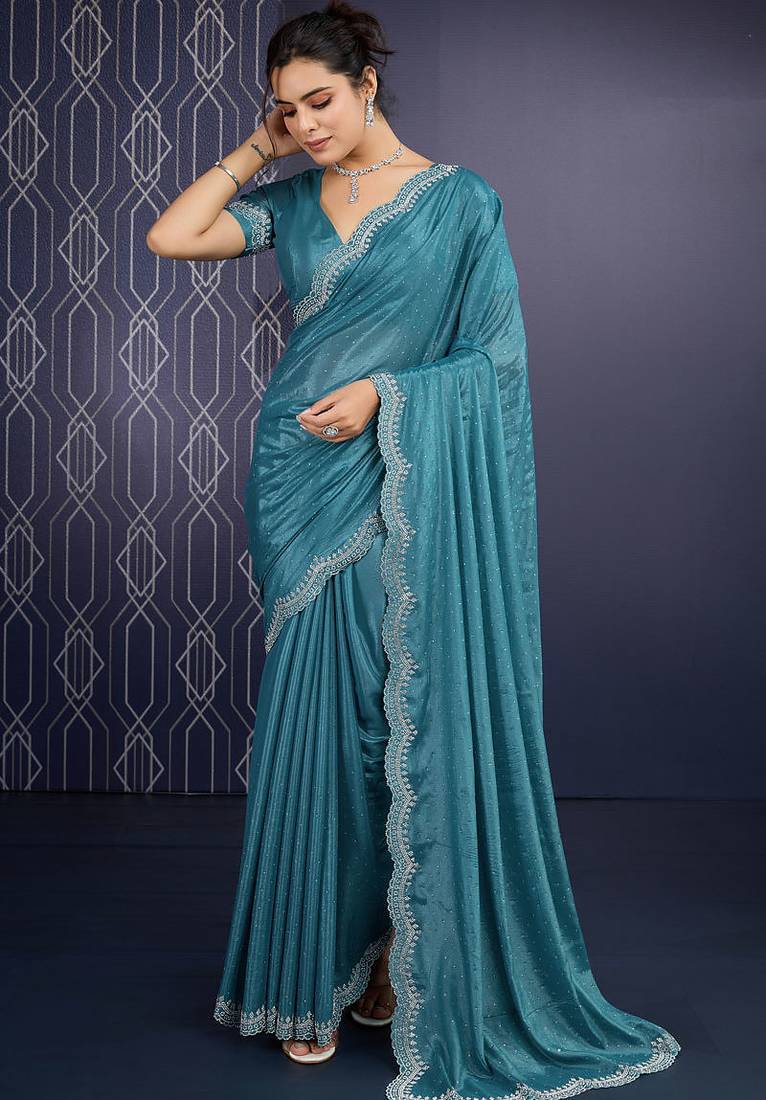 teal blue ice georgette zarkan diamond handwork with cut work saree with blouse